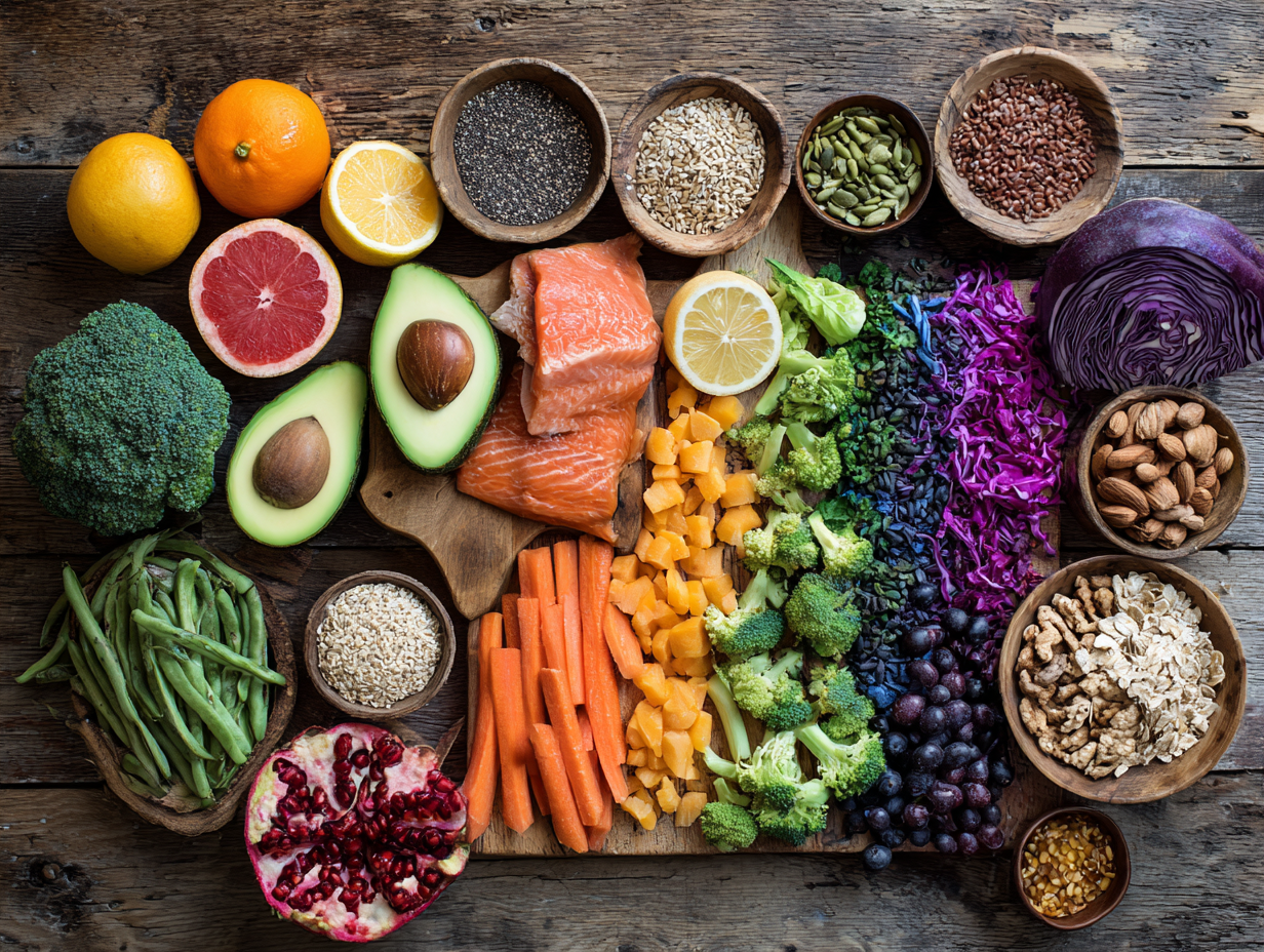 Здорове харчування - різноманітні свіжі продукти на столі